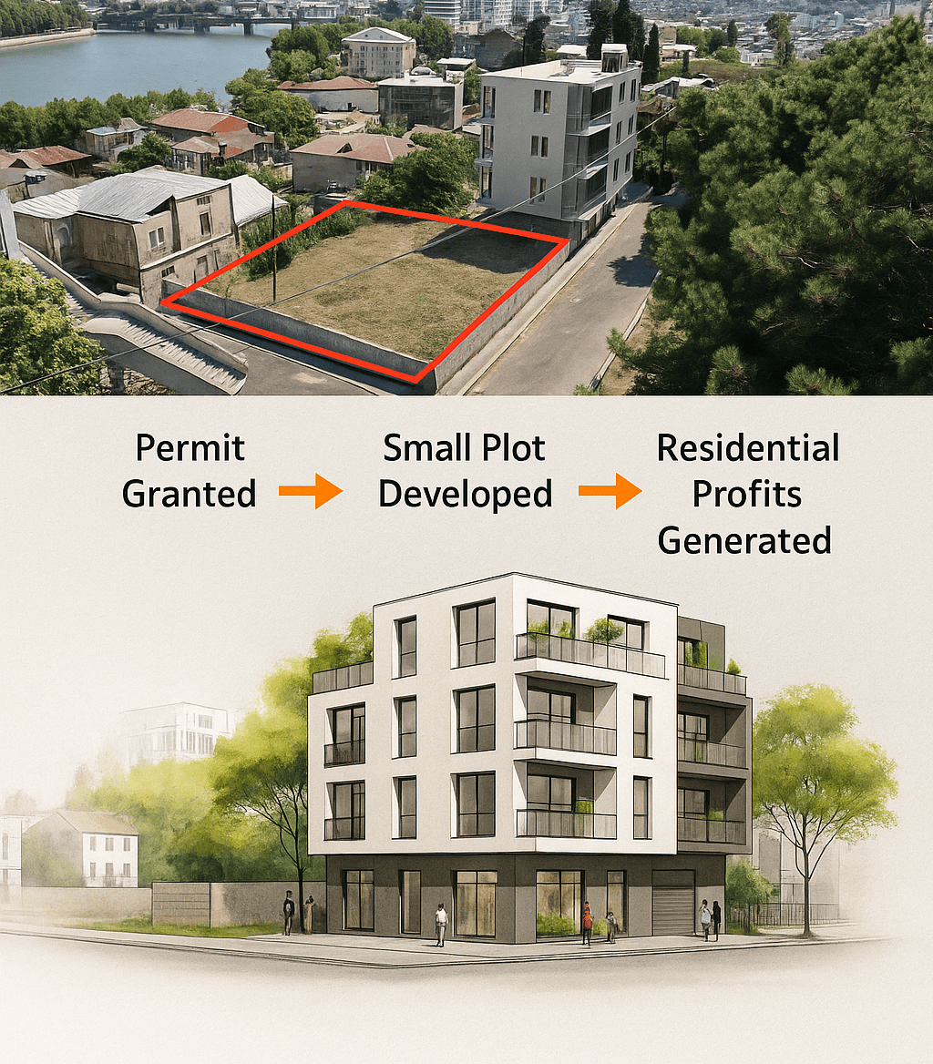 Tbilisi Real Estate – transforming small plots into high roi projects 1 Infographic illustrating Tbilisi small plot development ROI, showing how a compact urban lot transforms into a multi-unit residential project through smart zoning, phased construction, and investment strategy — by LD Estates, Georgia.
