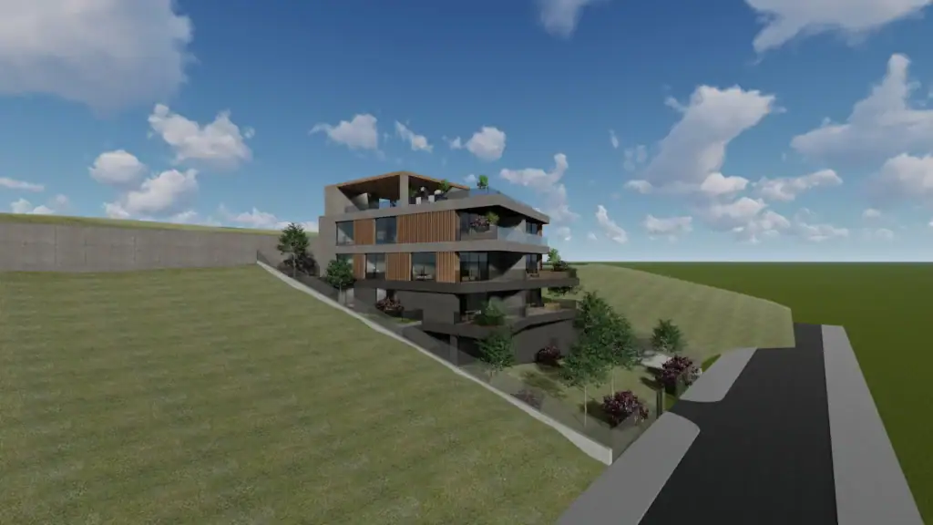 Real estate investment projects in Tbilisi: Architectural render of modern apartment building with garden landscaping and driveway – LD Estates real estate development