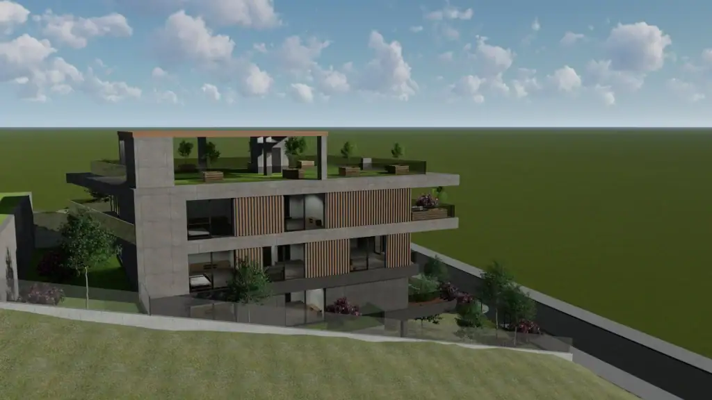 Real estate investment projects in Tbilisi: 3D architectural render of modern apartment building with rooftop garden – LD Estates project in Tbilisi