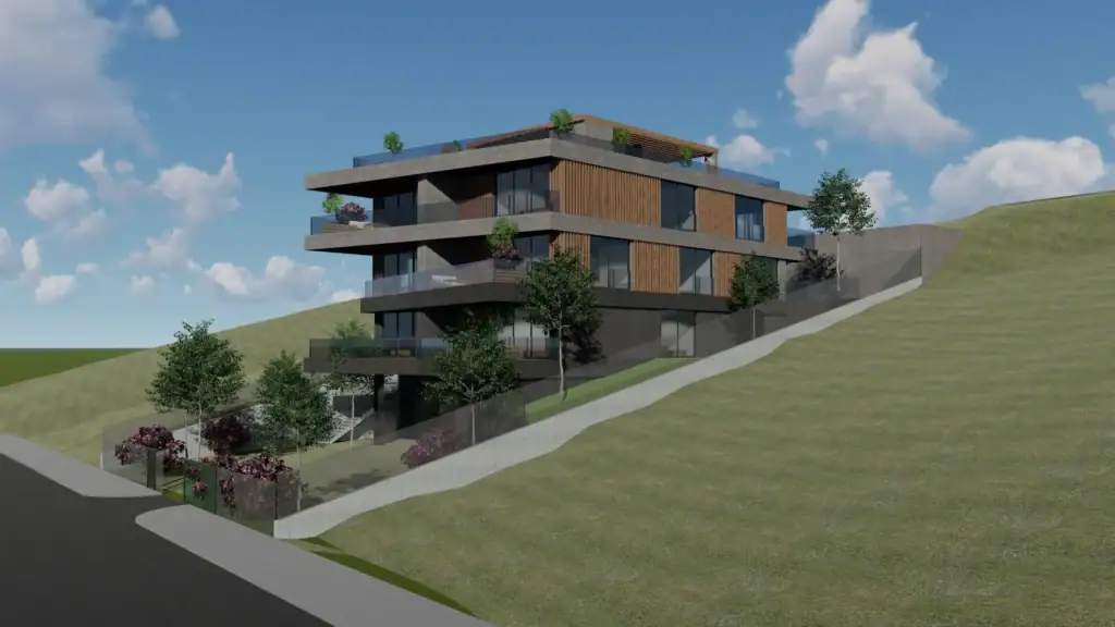 Architectural render of LD Estates' Tbilisi investment land with apartments project in Tbilisi — modern hillside residential complex with integrated greenery and sloped terrain design in Georgia