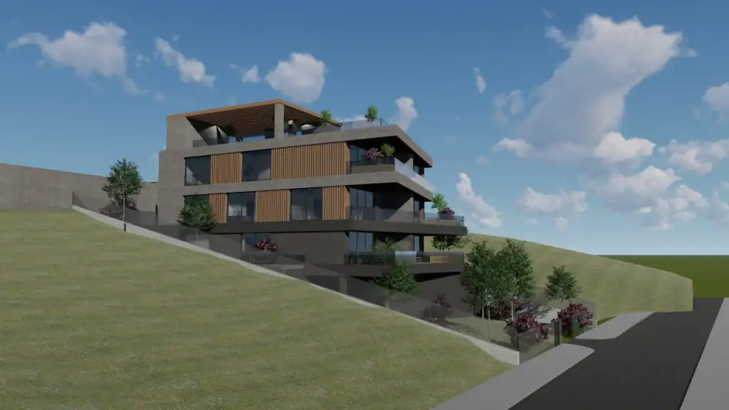 Architectural render of LD Estates' Tbilisi investment land with apartments project — modern hillside residential complex with integrated greenery and sloped terrain design in Georgia