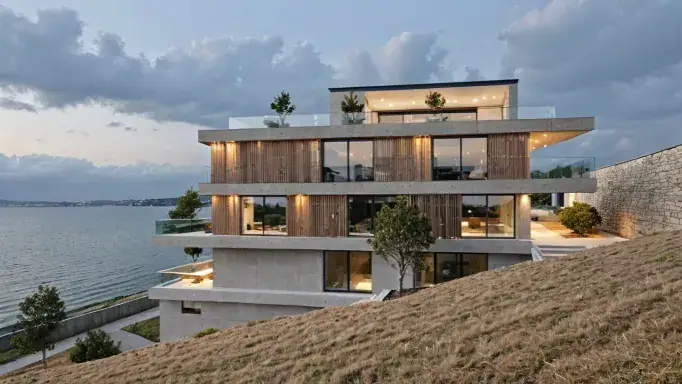 Investment land in Tbilisi - Minimalist architectural render of a concrete panel facade in Tbilisi.
