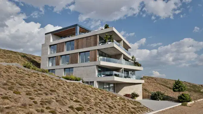 investment land in Tbilisi - Sunset render of apartment building with concrete facade in Tbilisi.