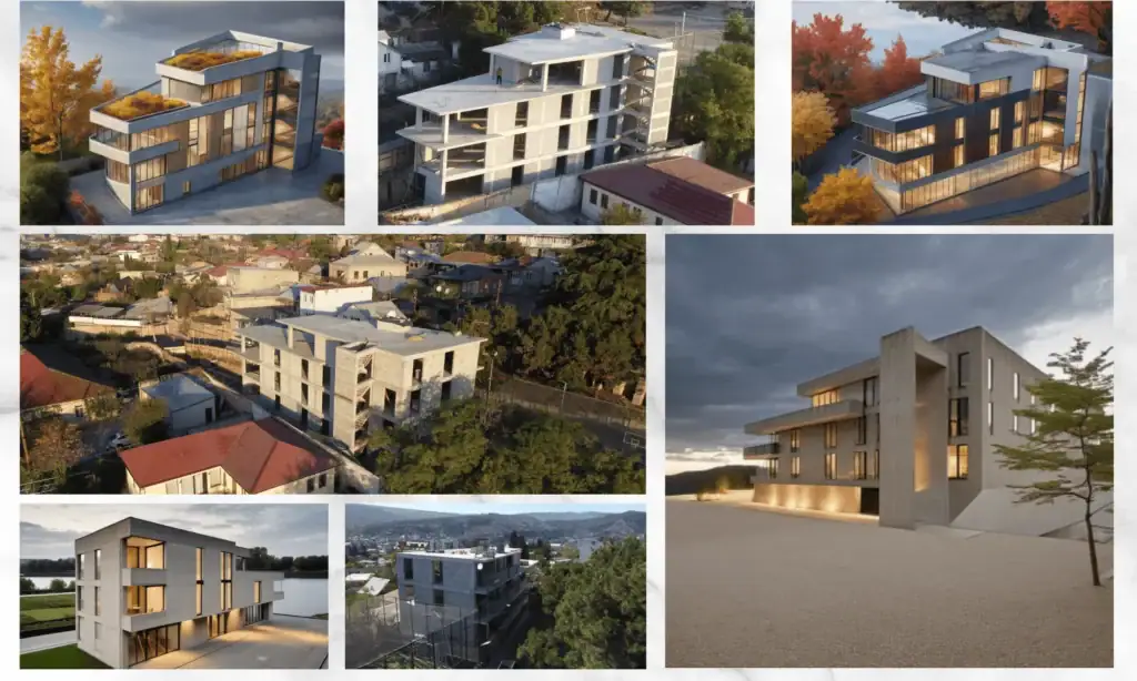 Real estate investment projects in Tbilisi: Collage of Avlabari investment building showing real estate renderings and ongoing construction of a modern office and residential building in Tbilisi