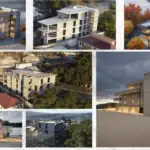 Real estate investment projects in Tbilisi: Collage of Avlabari investment building showing real estate renderings and ongoing construction of a modern office and residential building in Tbilisi