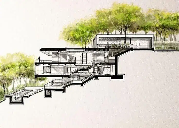 Architectural cross-section of hillside investment building with multi-level layout and integrated greenery – LD Estates concept design