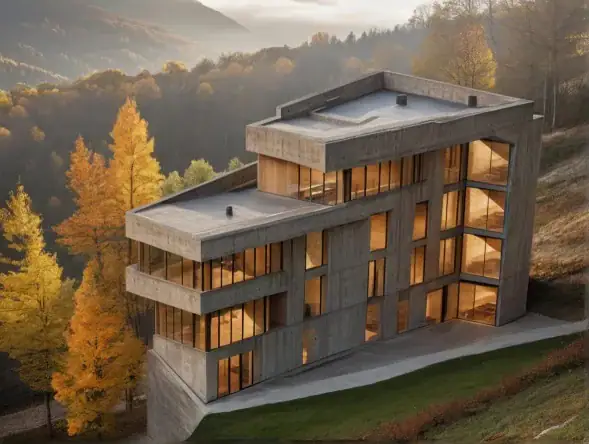 Real estate investment projects in Tbilisi: Architectural render of modern multi-level investment building with panoramic glass facade on a forested hillside at sunset