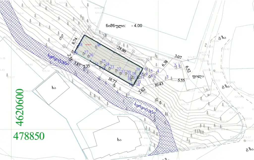 Real estate investment projects in Tbilisi: Topographic floor plan of Lisi Lake investment land with zoning and elevation lines – LD Estates project in Georgia