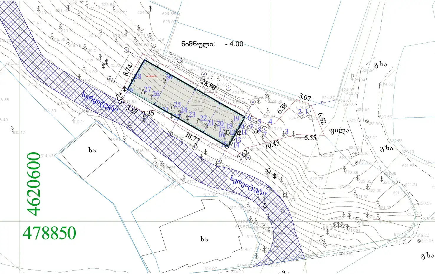 Real estate investment projects in Tbilisi: Topographic floor plan of Lisi Lake investment land with zoning and elevation lines – LD Estates project in Georgia