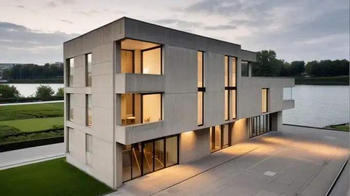 Real estate investment projects in Tbilisi: Modern minimalist three-story real estate investment building with large windows and lakefront location during sunset