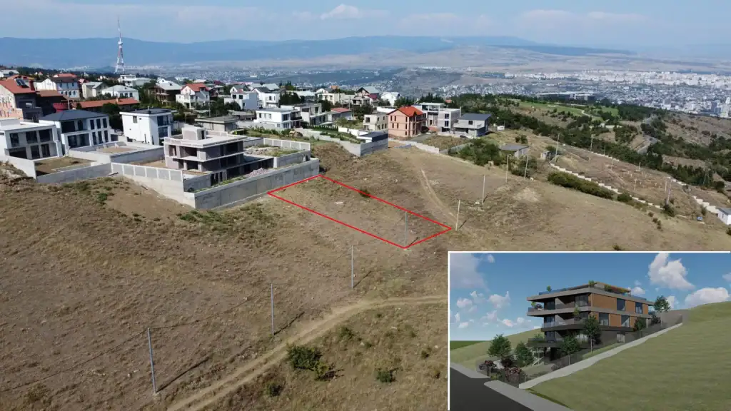 Tbilisi investment land with apartments project: Drone view of marked investment plot at Tabor Hill with proposed apartment building render – LD Estates real estate in Tbilisi, Georgia