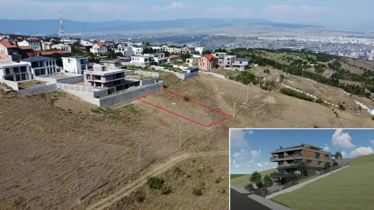 Tbilisi investment land with apartments project: Drone view of marked investment plot at Tabor Hill with proposed apartment building render – LD Estates real estate in Tbilisi, Georgia