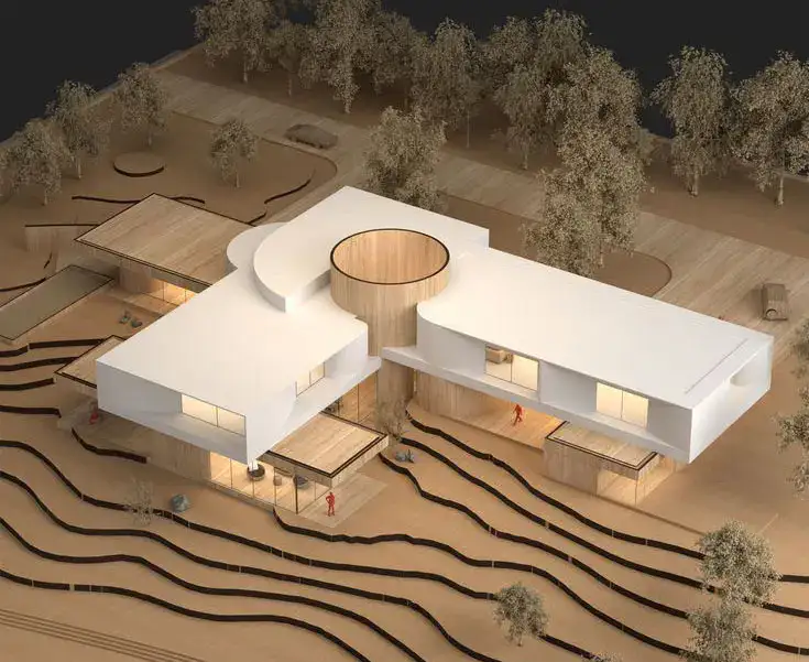 Real estate investment projects in Tbilisi Architectural model of contemporary residential building with circular courtyard and terraced terrain – LD Estates project near Lisi Lake