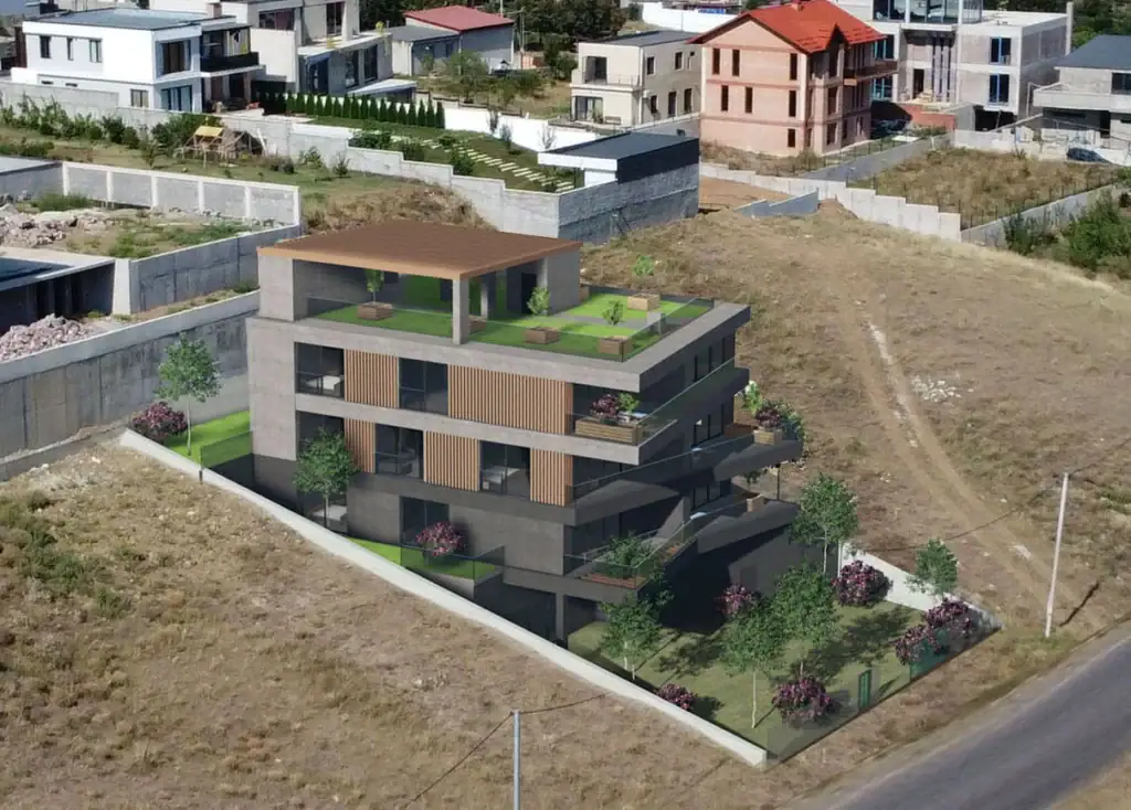 Tabor Hill investment land plot with panoramic views: Render of modern apartment building with rooftop terrace, wood paneling, and landscaped entry – Tabor Hill project by LD Estates in Tbilisi