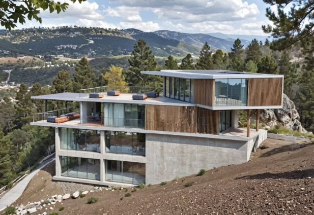 Real estate investment projects in Tbilisi, Georgia: Modern hillside house with green roof and panoramic glass wall – eco-friendly investment home concept by LD Estates