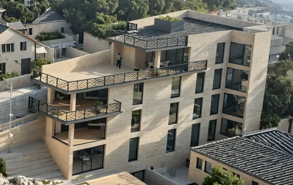 Close-up render of a modern investment building in Tbilisi with a travertine facade and spacious terraces.