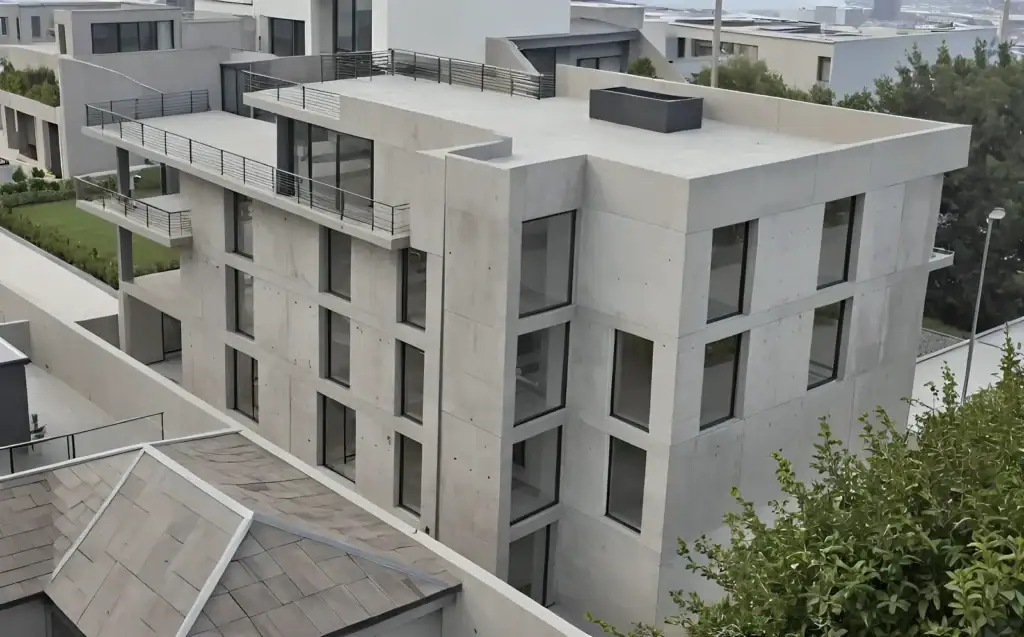 “Passive income investment property in Tbilisi” - Close-up render of a modern commercial property in Tbilisi with a minimalist concrete facade.