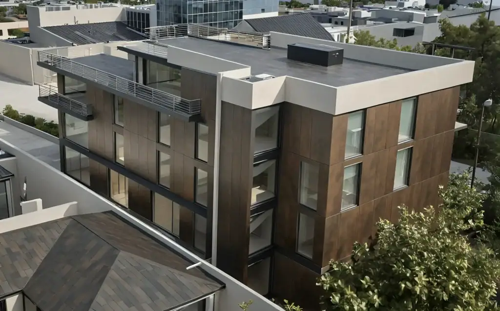 Close-up render of an investment property in Tbilisi. The avlabari hill building with bronze Laminam metallic facade.