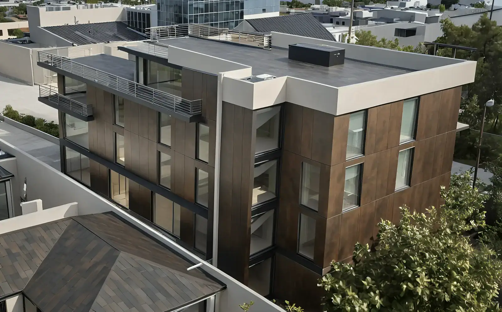 Close-up render of an investment property in Tbilisi. The avlabari hill building with bronze Laminam metallic facade.