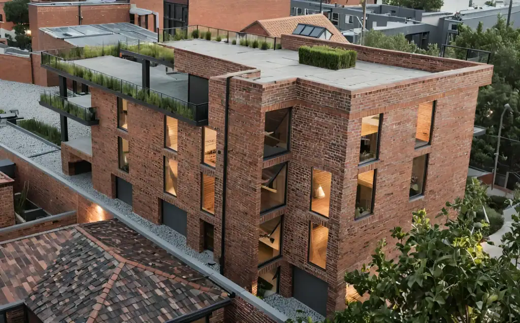 Close-up render of Avlabari Hill investment building in Tbilisi with red brick facade.