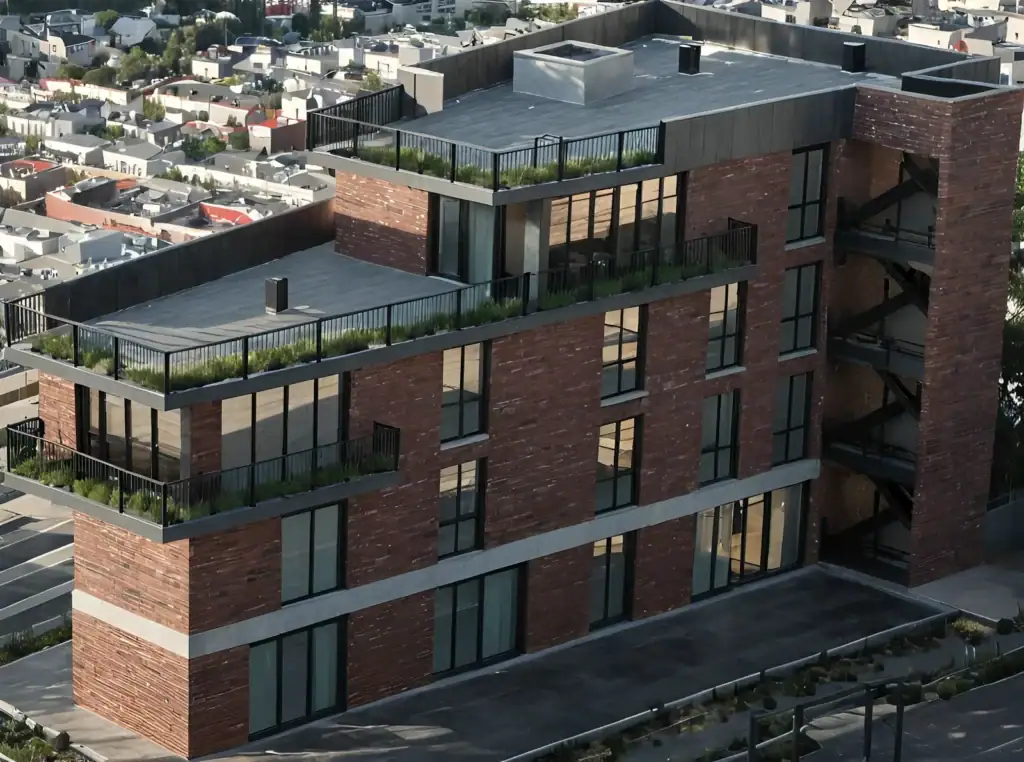 Modern red brick facade building render in Avlabari, Tbilisi.