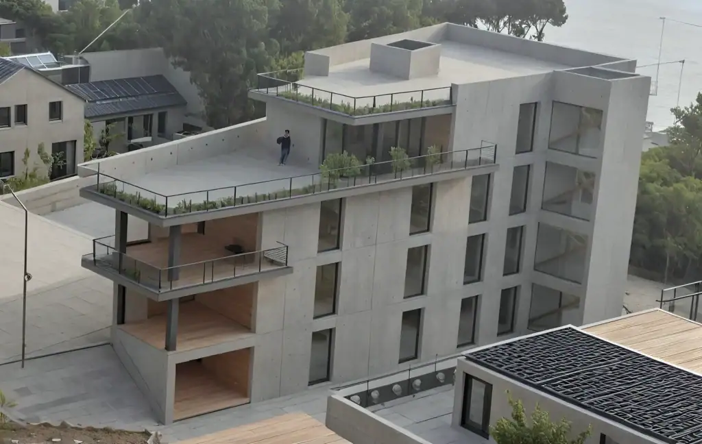 Close-up render of investment building on Avlabari Hill in Tbilisi with modern concrete facade.