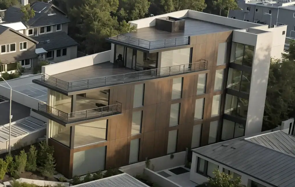 Investment building with Laminam bronze metallic facade on Avlabari Hill, Tbilisi real estate project.