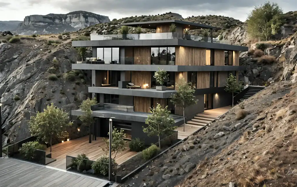 Luxurious modern apartments with a Laminam facade on a rocky hillside, featuring extensive landscaping and outdoor terraces.