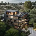 Architectural rendering of a multi-story apartment building with a Laminam facade and a modern design on a landscaped hillside.