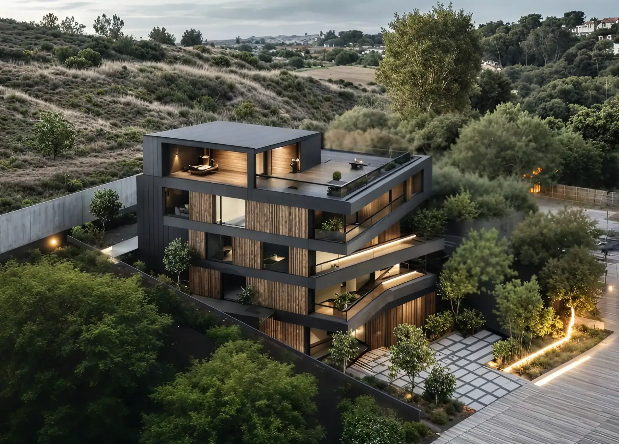Architectural rendering of a multi-story apartment building with a Laminam facade and a modern design on a landscaped hillside.