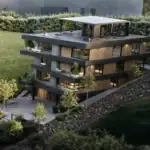 High-angle view of a modern apartment building with a Laminam facade and lush landscaping on a slope.