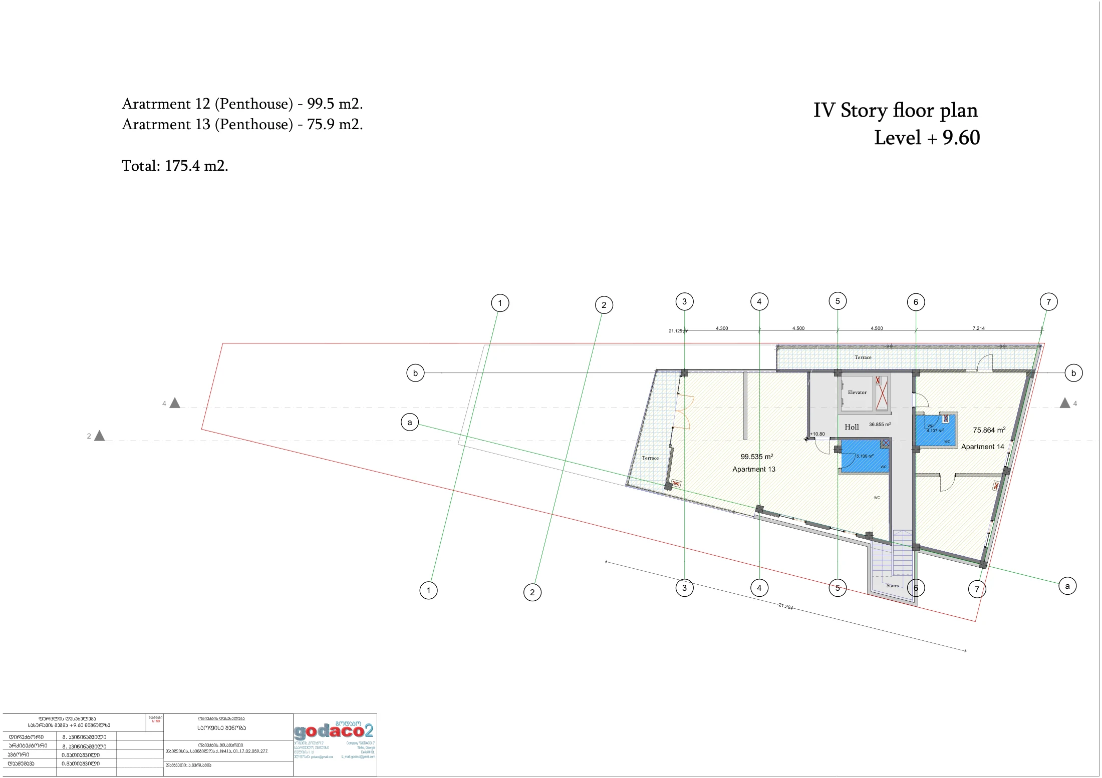 Architectural drawing, Avlabari fourth floor, +9.60: penthouses 13–14