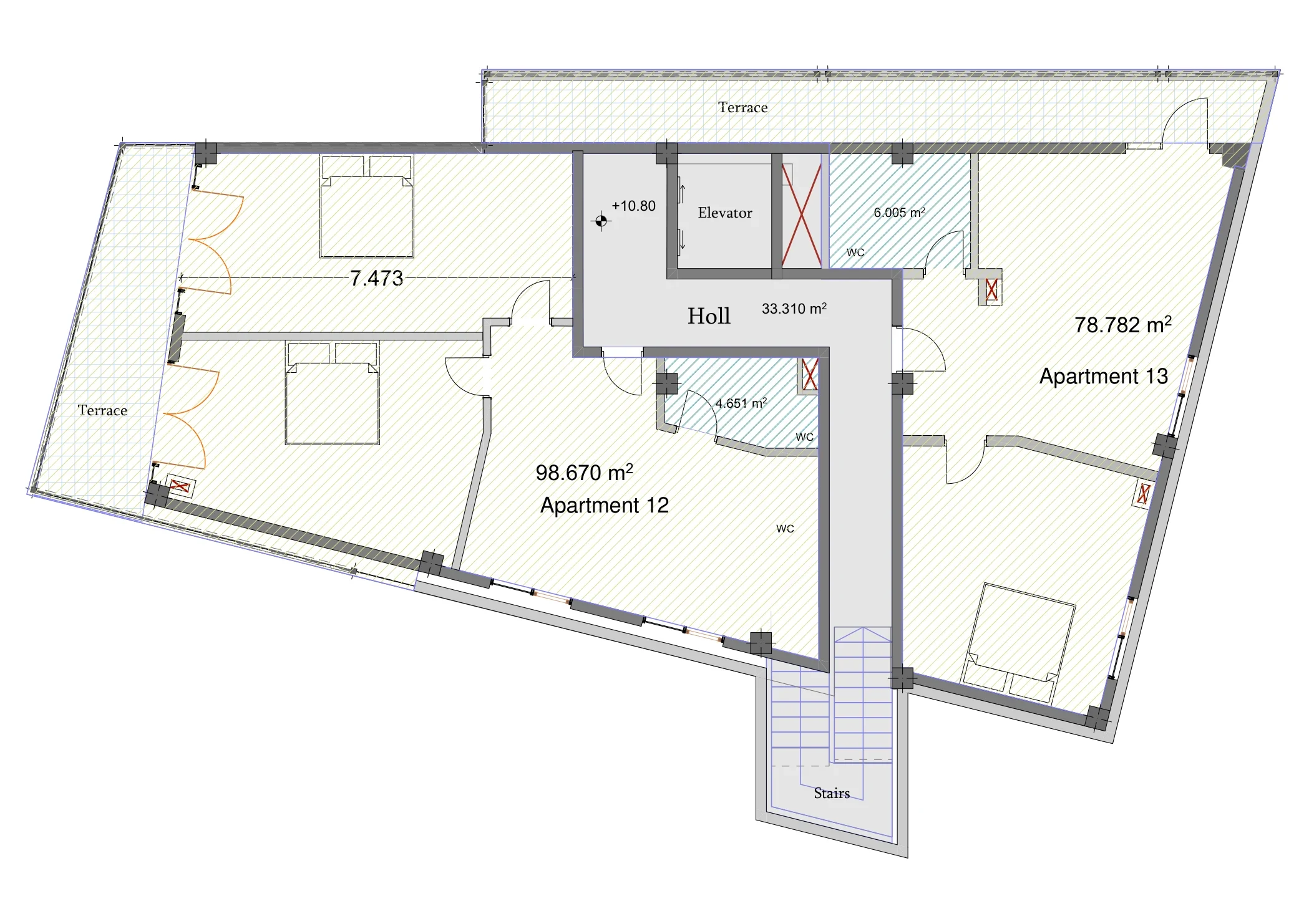 Proposed layout drawing, Avlabari proposed rooftop level, +9.60: apartments 12–13