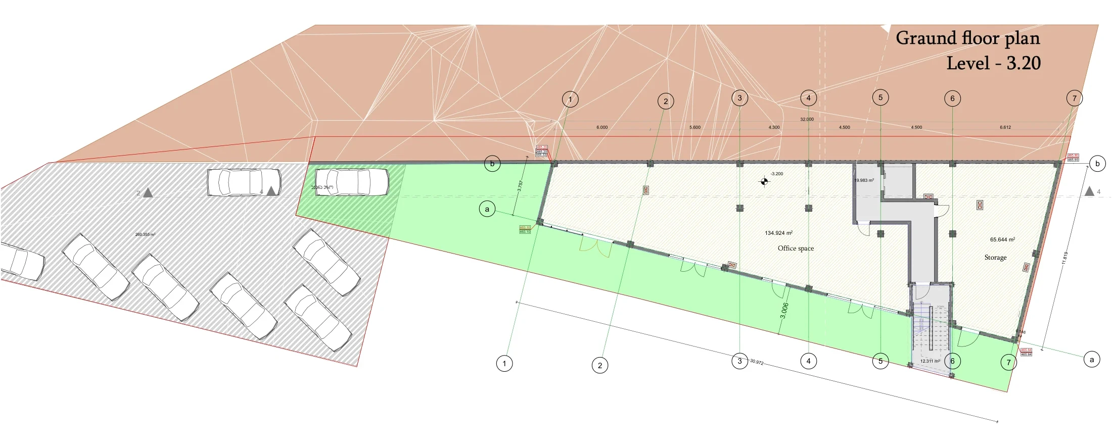 Proposed layout drawing, Avlabari ground floor, −3.20: office with yard; supermarket storage