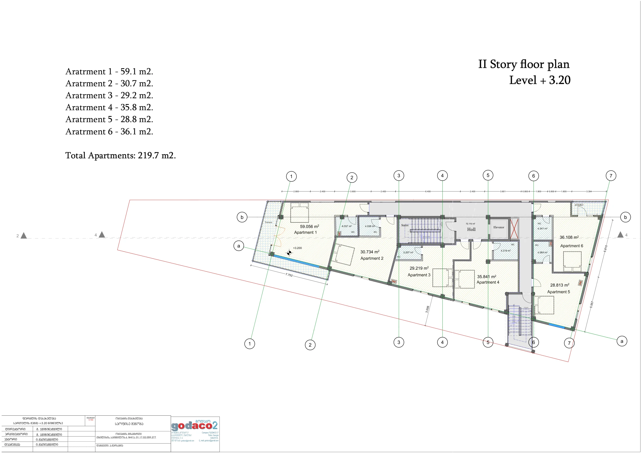 Architectural drawing, Avlabari second floor, +3.20: apartments 1–6