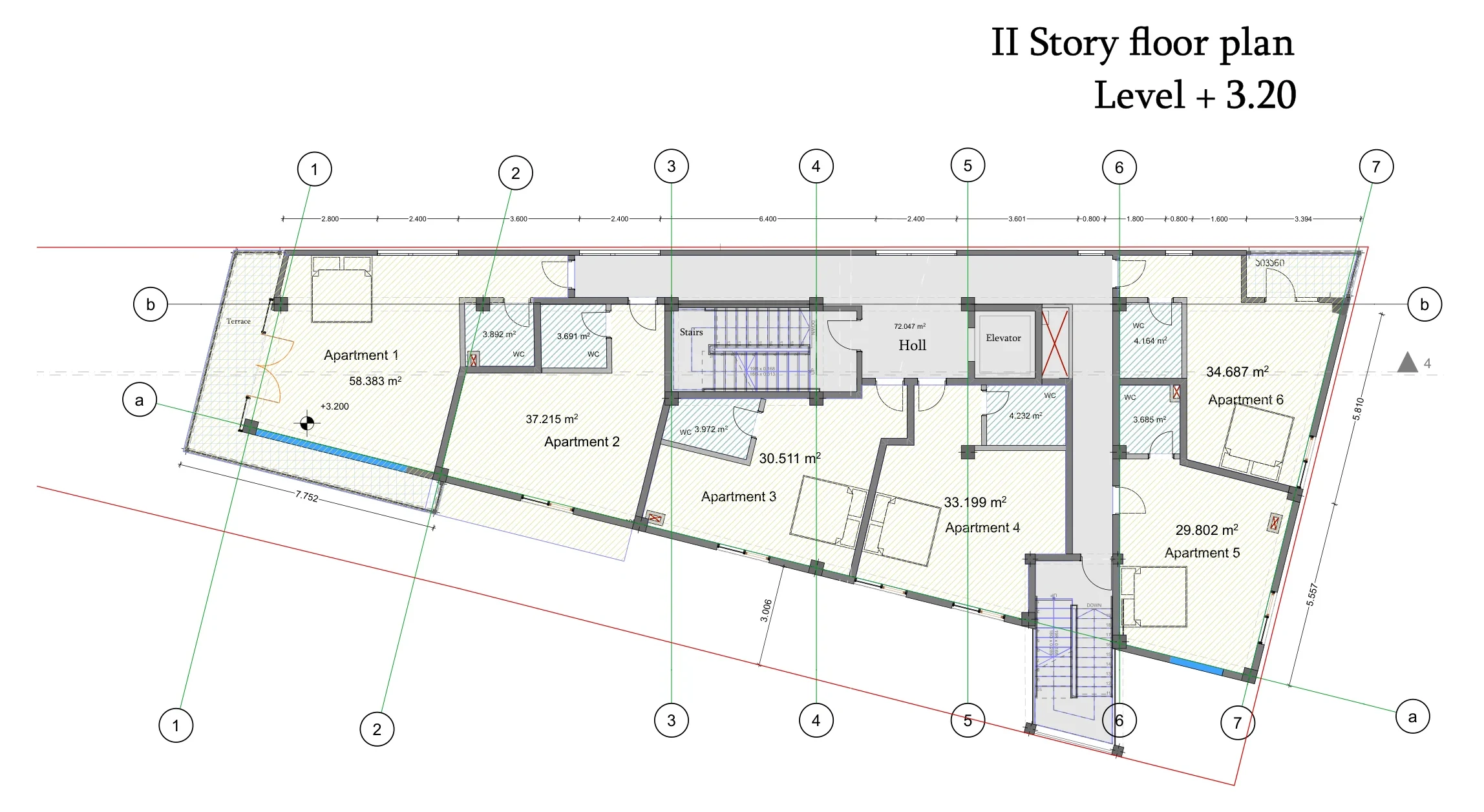 Proposed layout drawing, Avlabari second floor, +3.20: apartments 1–6