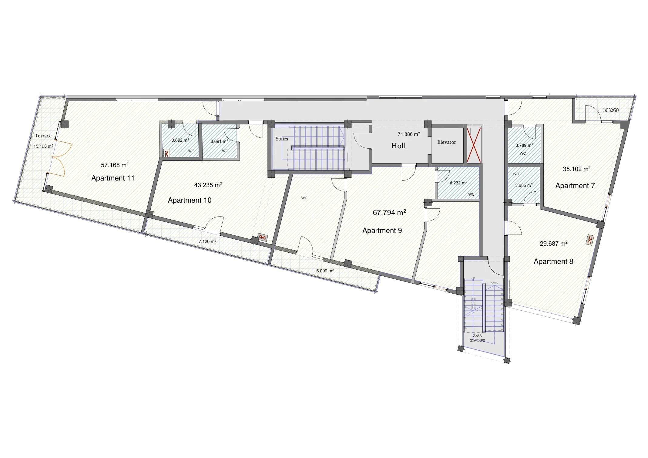 Proposed layout drawing, Avlabari third floor, +6.40: apartments 7–11
