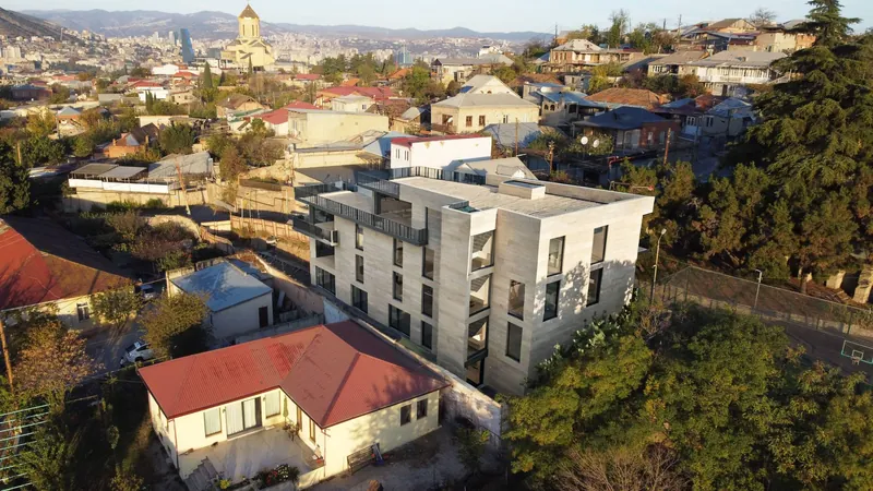 Architectural visualization of the Avlabari building seen from above, with a stone-look facade, dark-framed windows and planted terraces, set among the neighbouring houses — illustrative, not the current condition