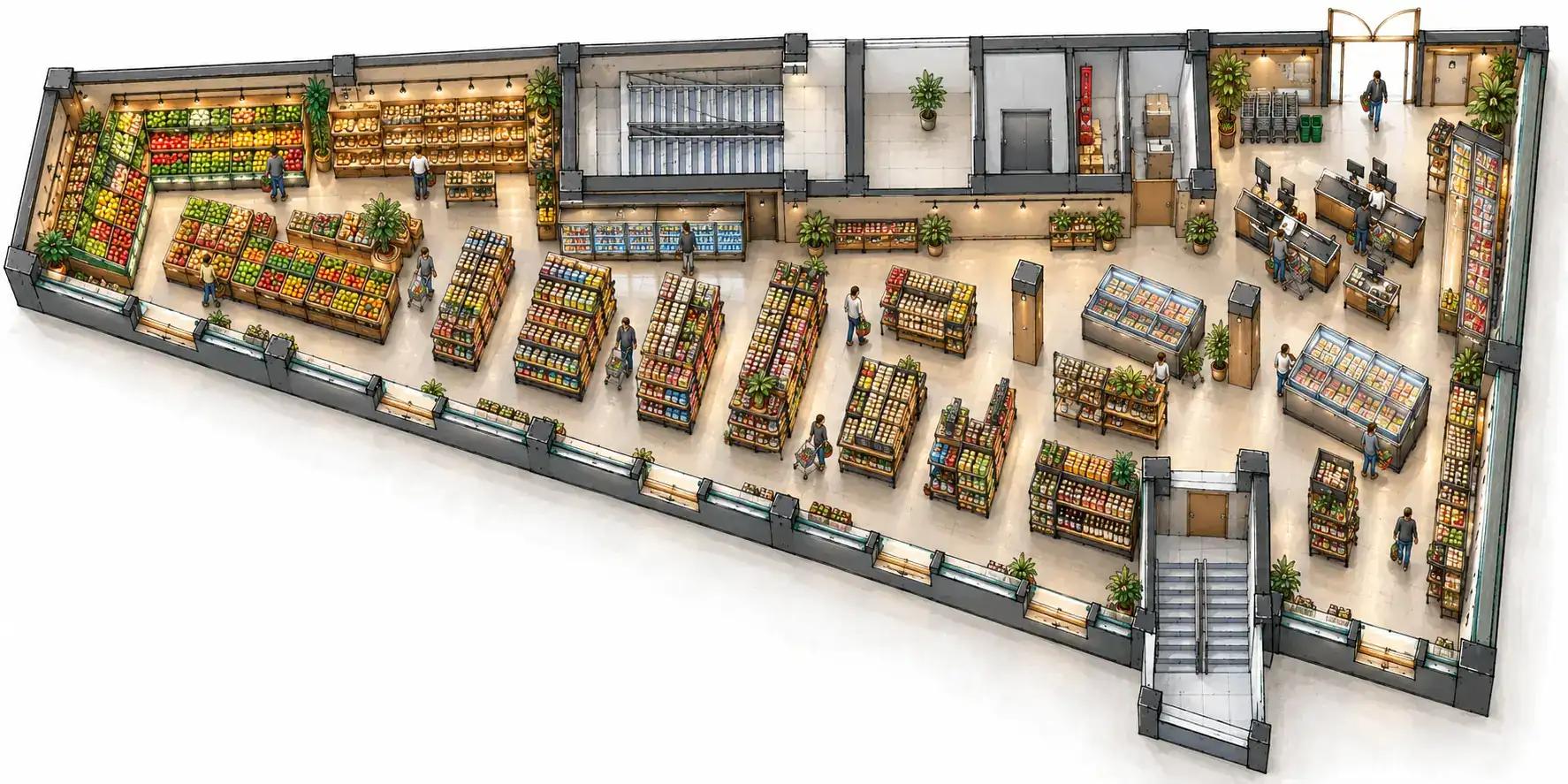 Illustrative first-floor arrangement: one street-level store, shown as a pharmacy