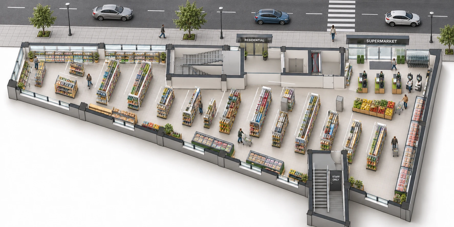 Illustrative first-floor arrangement: the supermarket sales floor along the street, with its own entrance and checkouts beside the building entrance