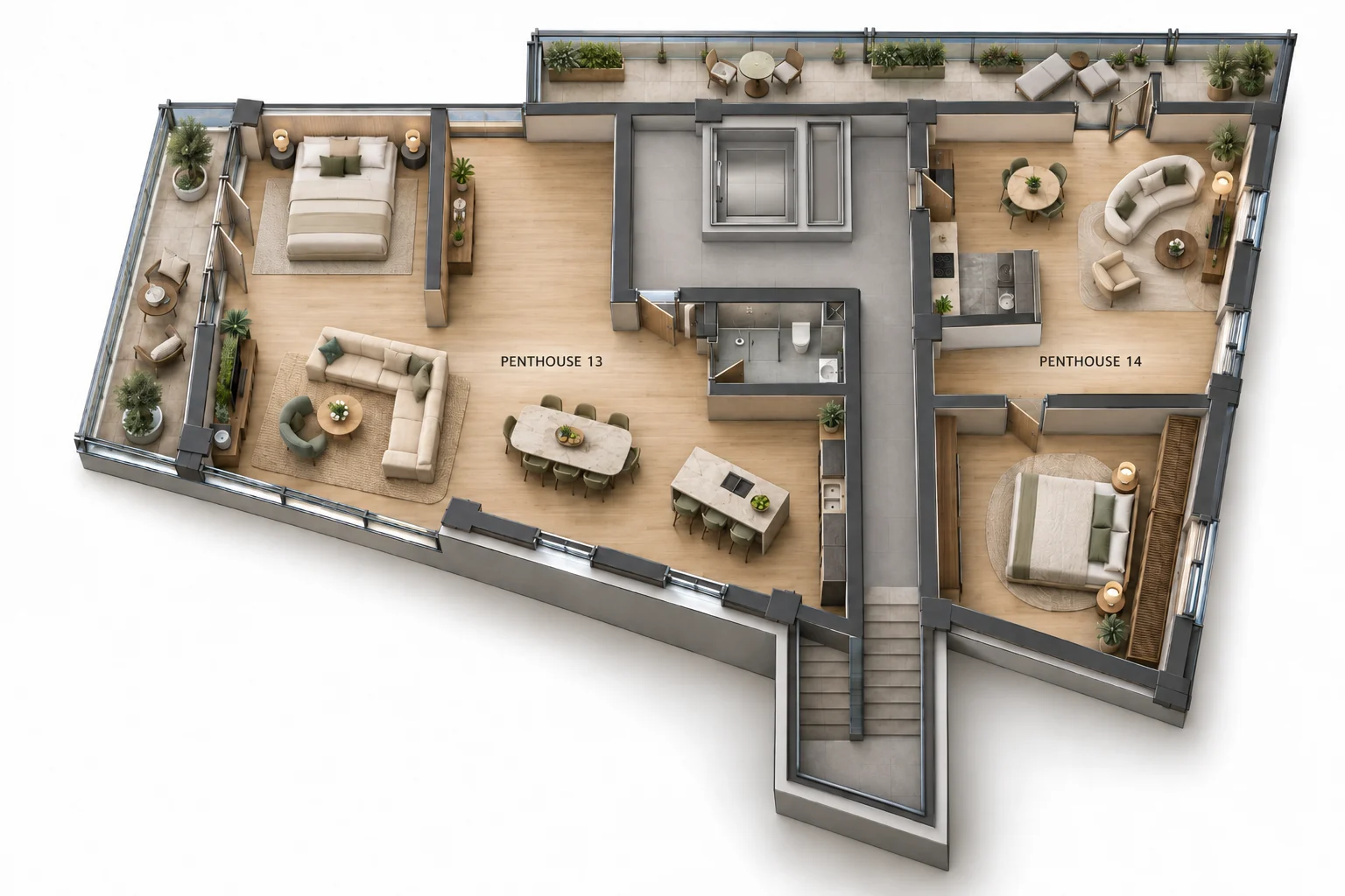 Illustrative fourth-floor arrangement for penthouses 13 and 14