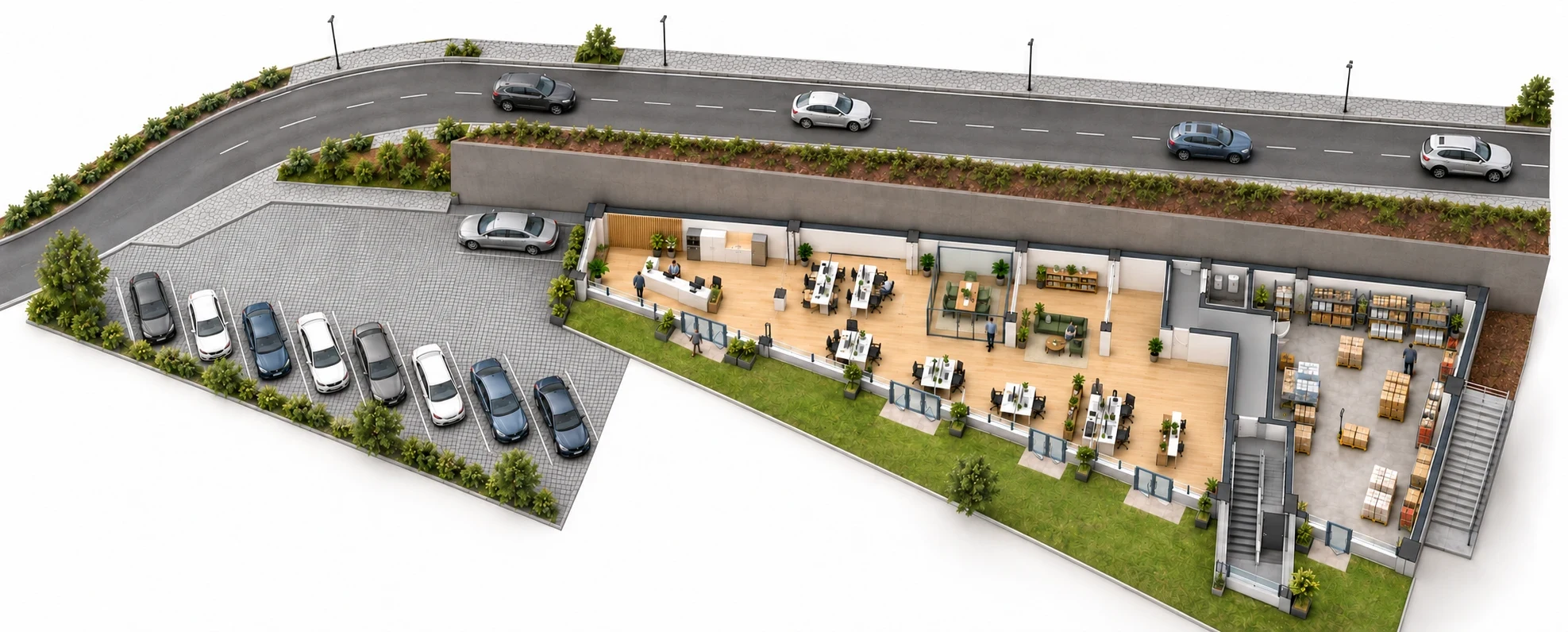 Illustrative ground-floor arrangement: the office with its yard, and the supermarket storage reached by the stair at the end of the building