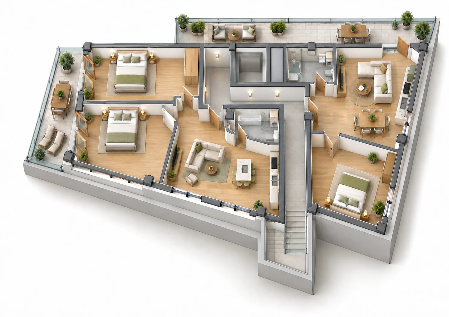Illustrative rooftop arrangement for apartments 12 and 13