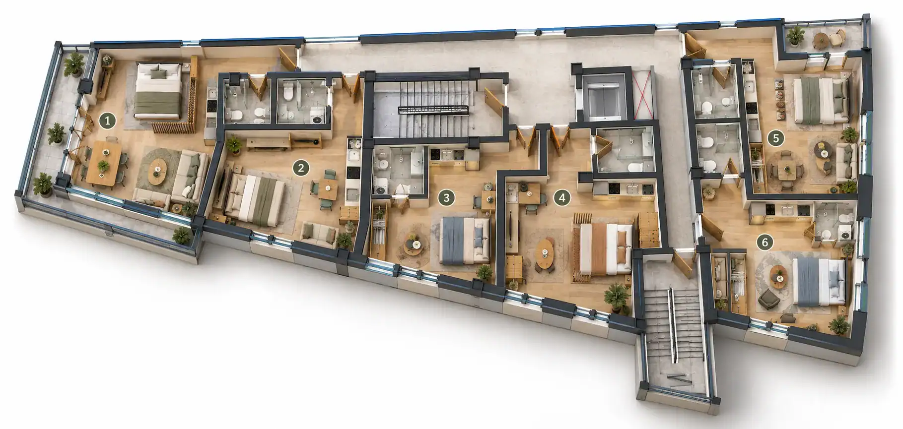 Illustrative furnished second-floor arrangement for apartments 1–6