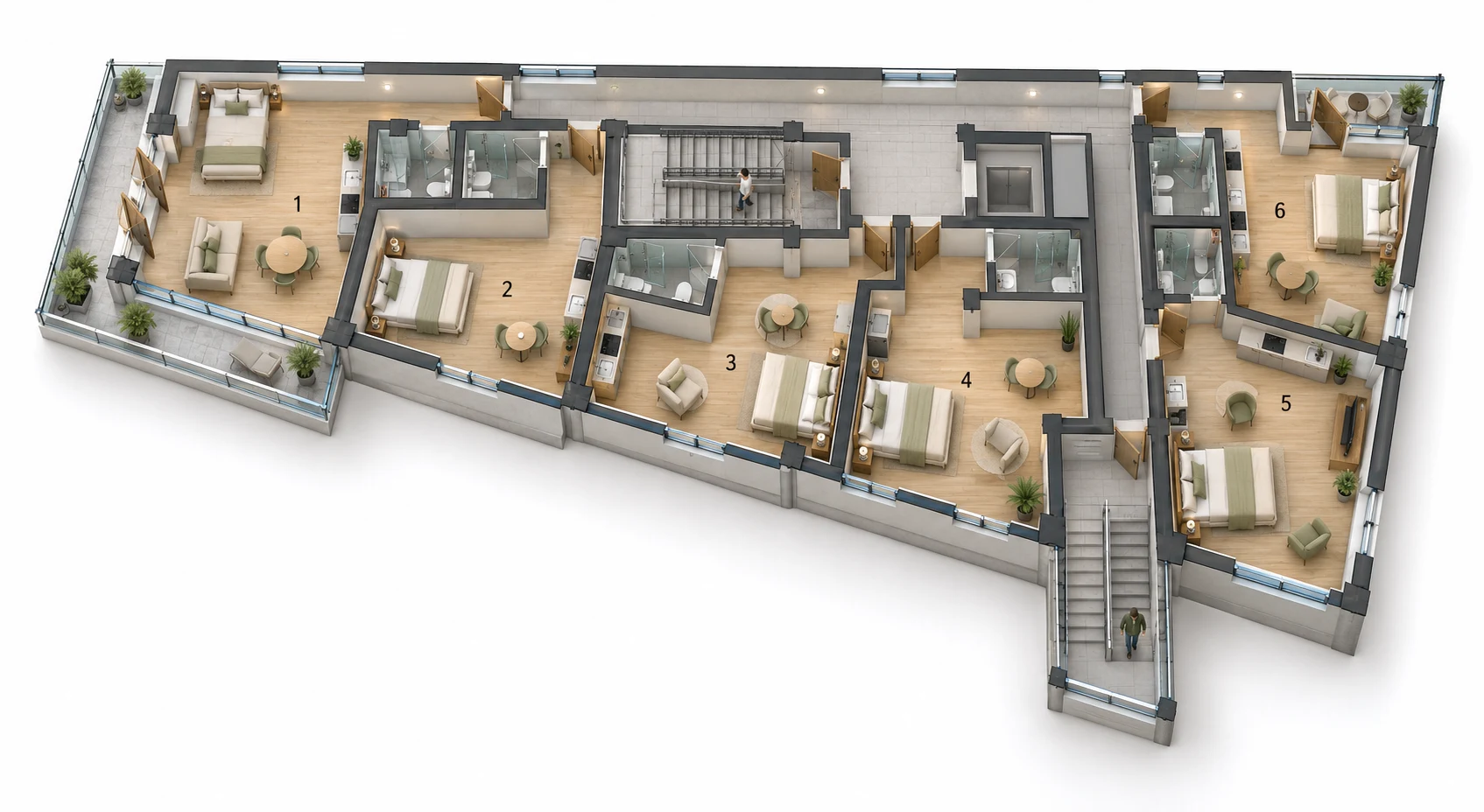 Illustrative second-floor arrangement: apartments 1 to 6