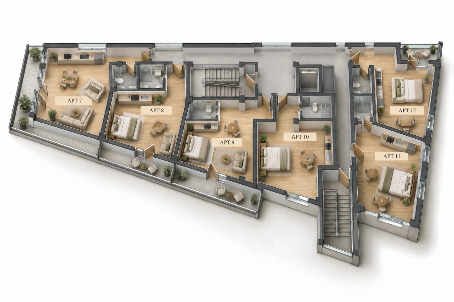 Illustrative furnished third-floor arrangement for apartments 7–12