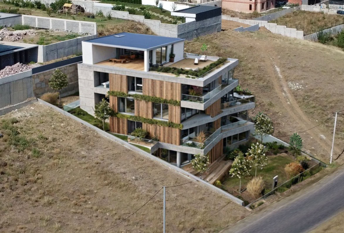 Close-up aerial view of modern multi-story residential building on Tabor Hill slope featuring wood cladding, terraced design with green roofs, and extensive glazing integrated into hillside terrain