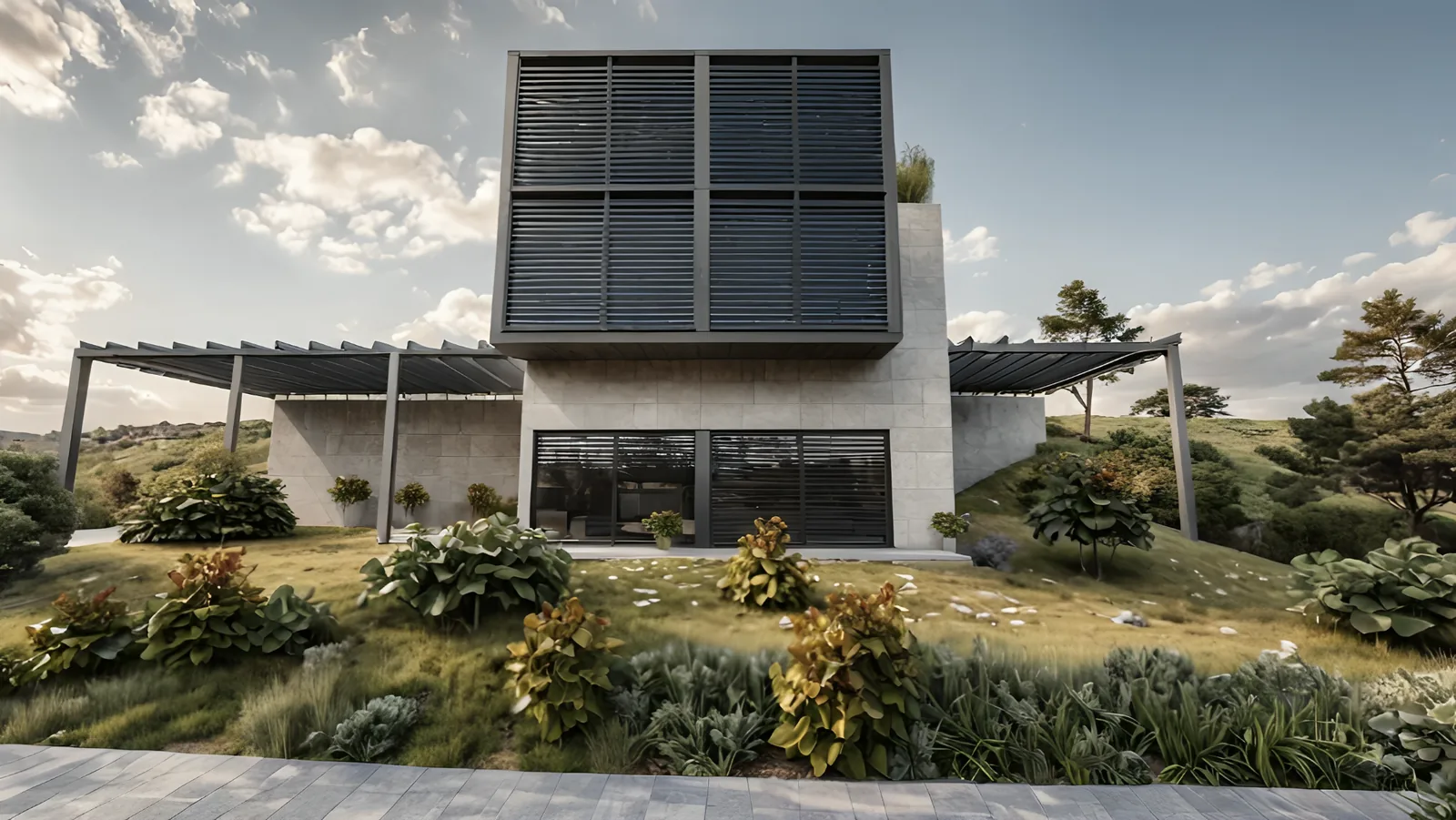 Architectural visualization showing modern two-story residence with contemporary facade design, integrated landscaping, and hillside setting